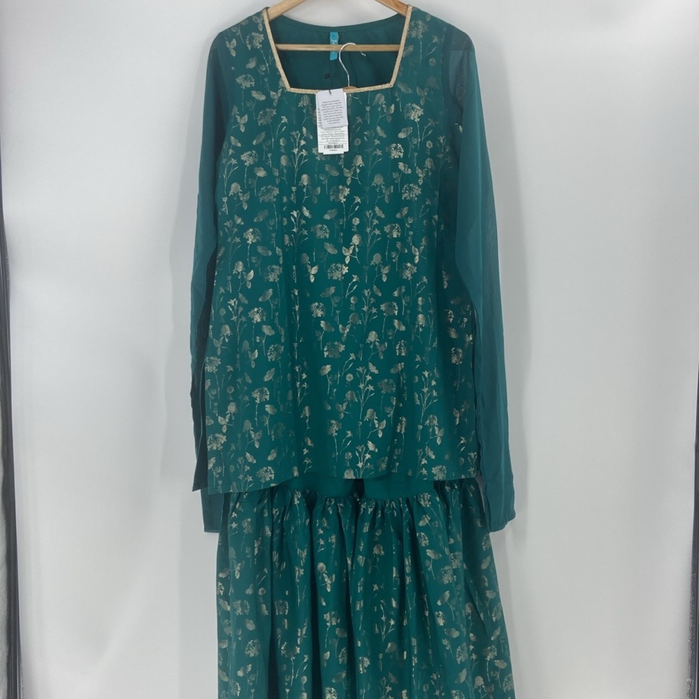 Janasya 2 Peice set teal green tunic & flare bell bottoms gold metallic florals